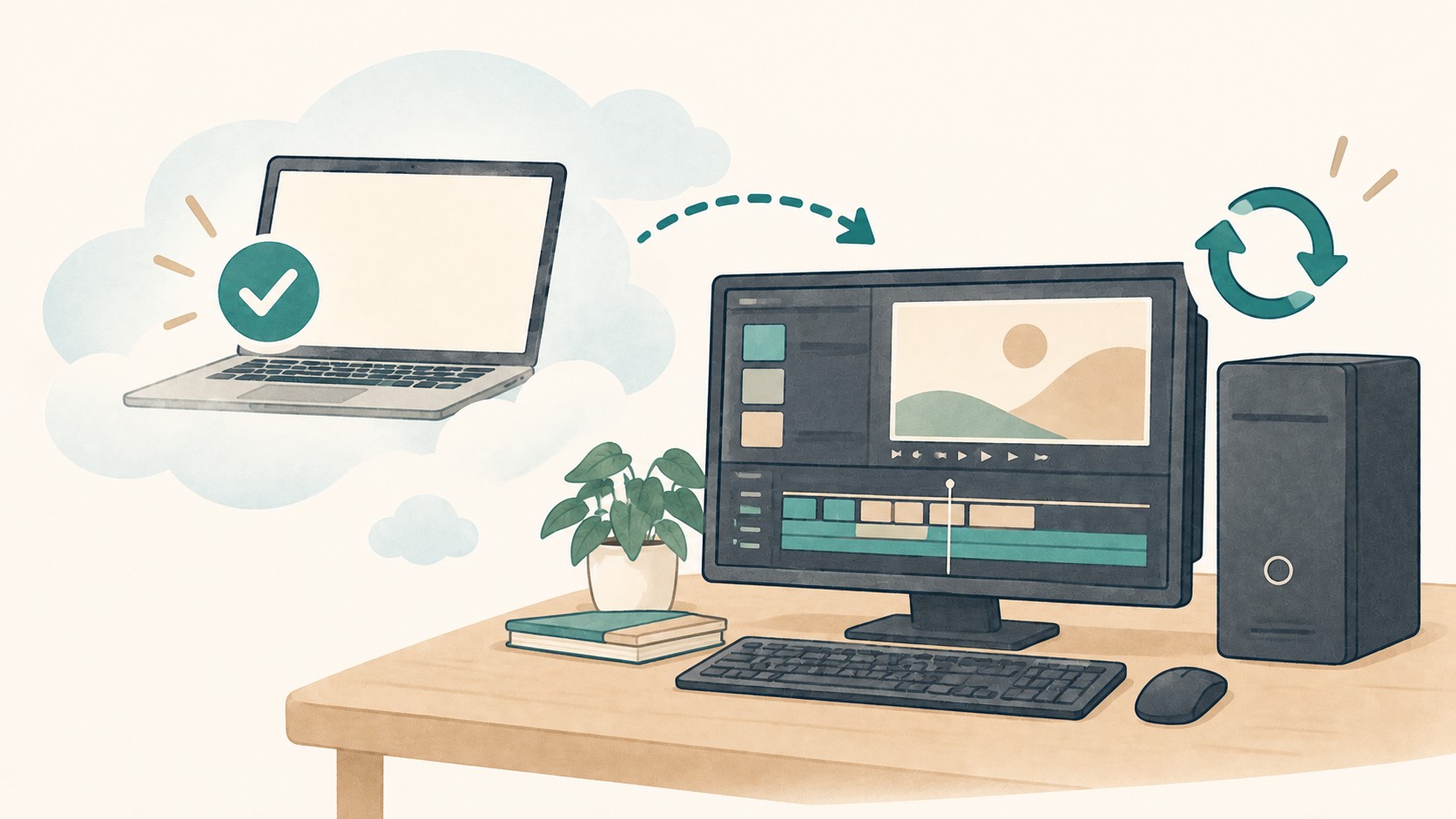 雲の中の薄いノートパソコンと、机の上で動き続けるデスクトップPC
