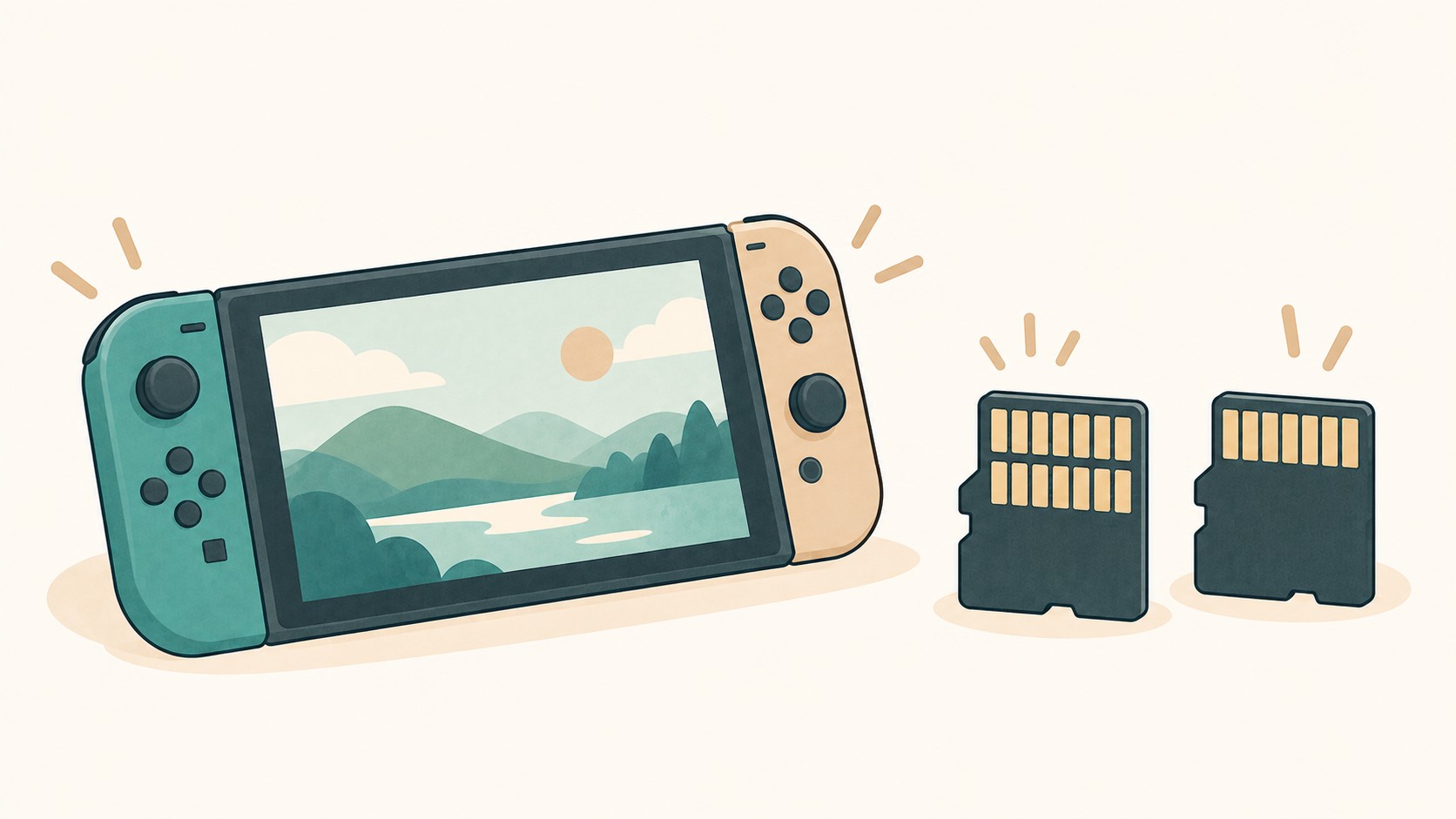 携帯ゲーム機と、端子の列数が違う2枚のmicroSDカード